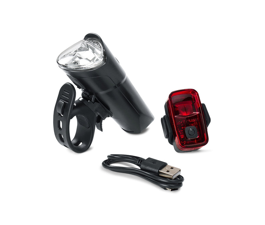 Le kit d’éclairage pour vélo comprend une lumière avant blanche, une lumière arrière rouge et un câble de chargement USB.
