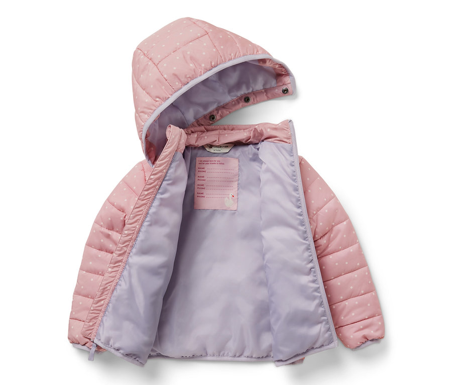 Veste matelassée ouverte pour enfant, vieux rose avec des points blancs et une doublure violette.