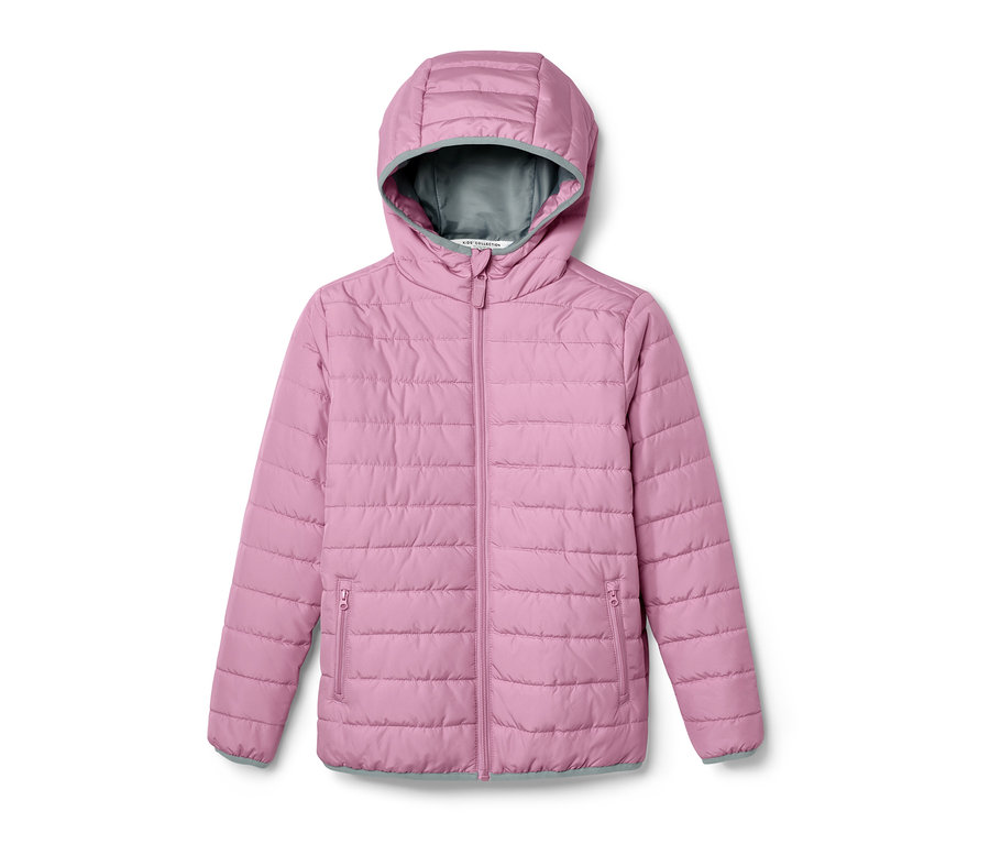 Veste matelassée violette pour enfant avec capuche.