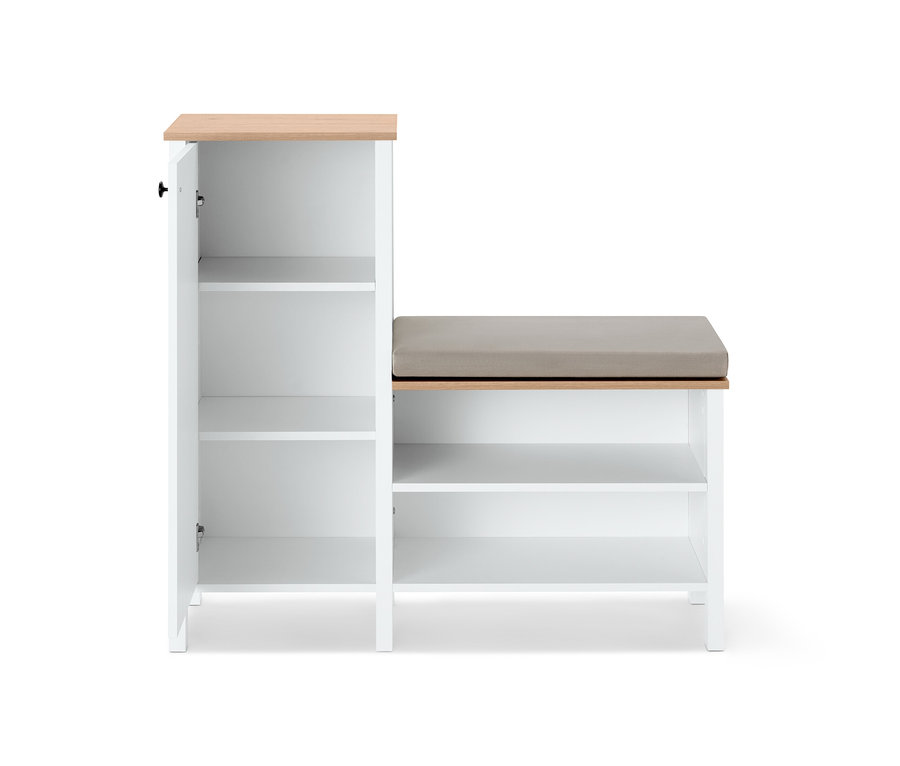 Banquette blanche avec armoire à chaussures et assise beige, à côté d'une armoire ouverte.