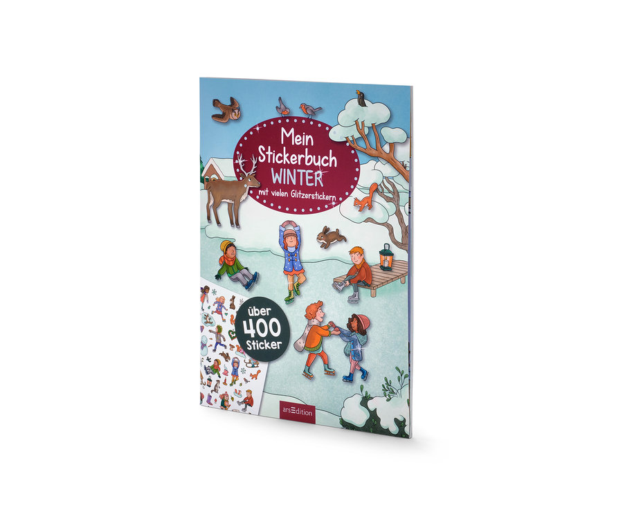 Illustration de la couverture du livre d'autocollants Mein Stickerbuch « Winter » avec des scènes d'hiver dessinées.