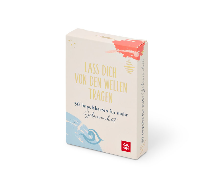 Boîte blanche du jeu de cartes de sérénité « Laisse-toi porter par les vagues » avec des inscriptions en allemand.