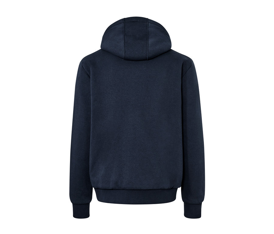 Veste de sweat à capuche bleu marine avec doublure en peluche vue de dos.