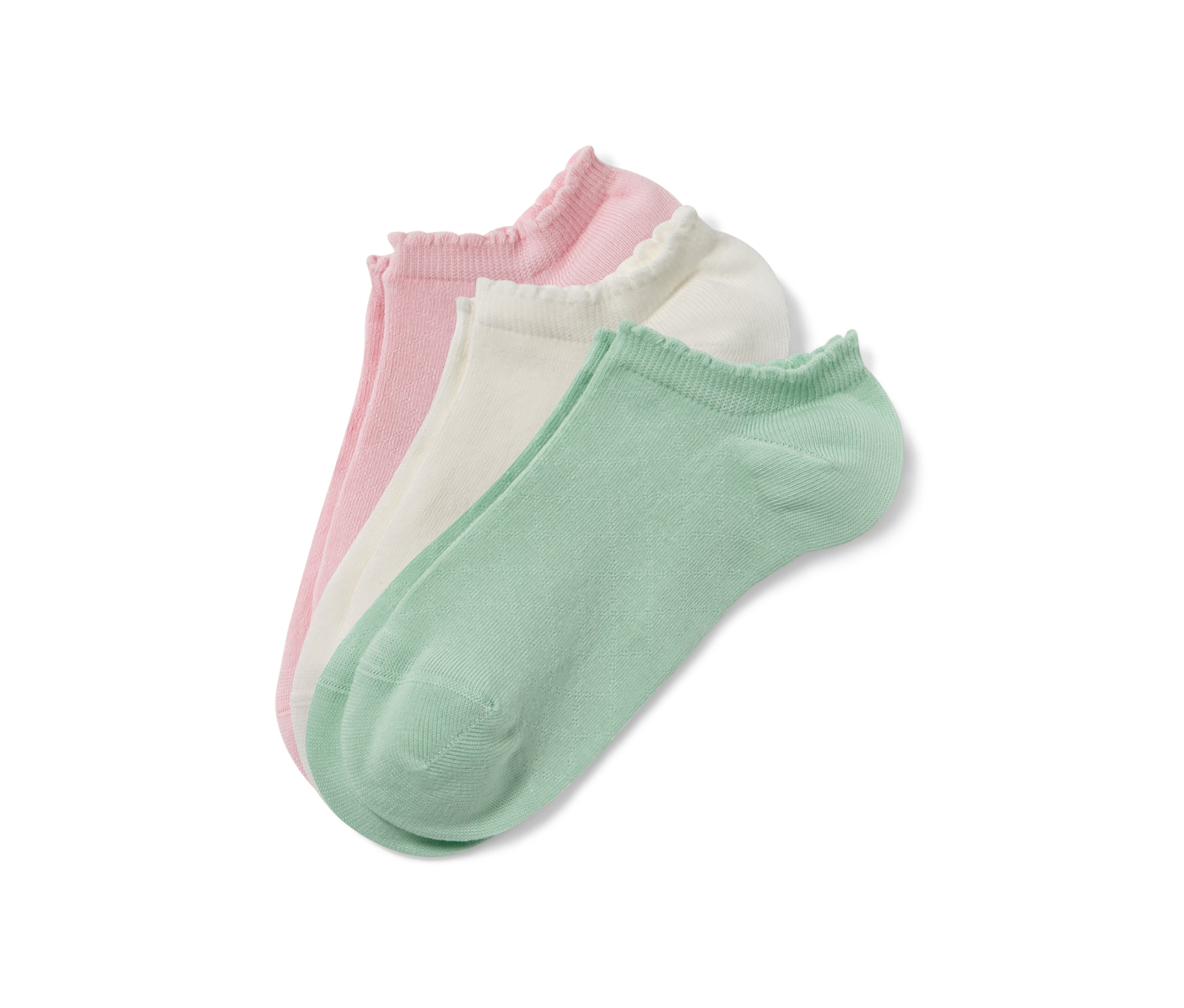 Trois paires de soquettes avec motif ajouré rose, blanche et verte.