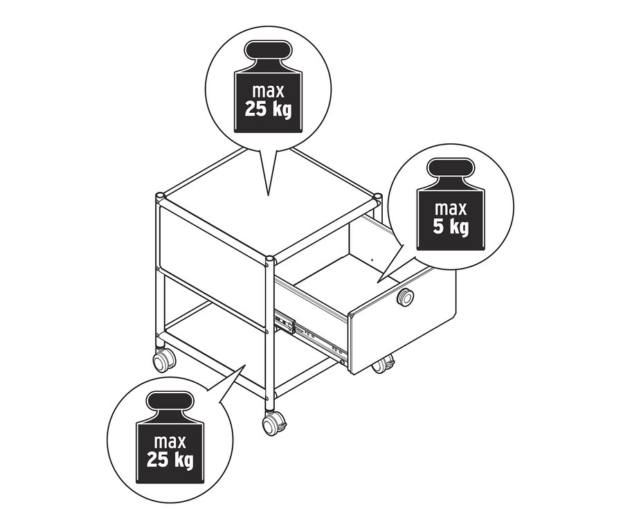 Schéma d'une table d'appoint avec tiroir en métal « CN3 » indiquant la capacité de charge maximale.