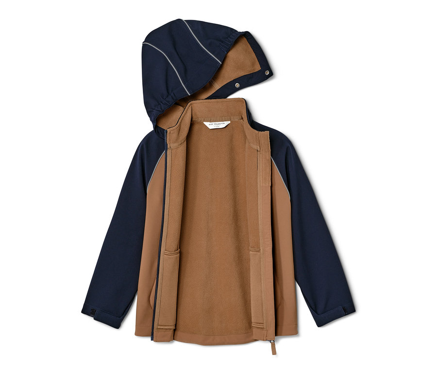 Veste en softshell pour enfant ouverte avec capuche en bleu et marron.