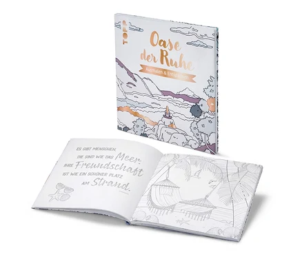 Deux livres ouverts avec des dessins et du texte. En haut, le livre « Oase der Ruhe – ausmalen und entspannen » (oasis de calme – colorier et se détendre, en allemand).