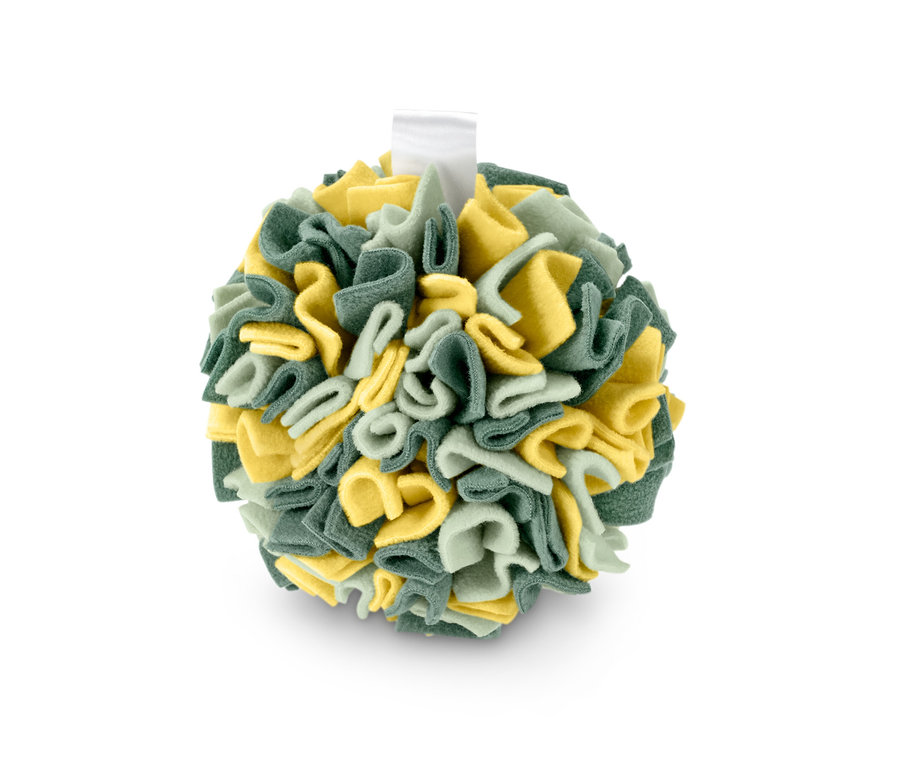 Balle de fouille pour animaux de couleur verte et jaune.
