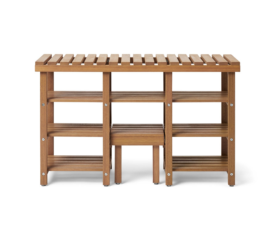 Banc à chaussures haut avec marchepied rabattable en bois marron.