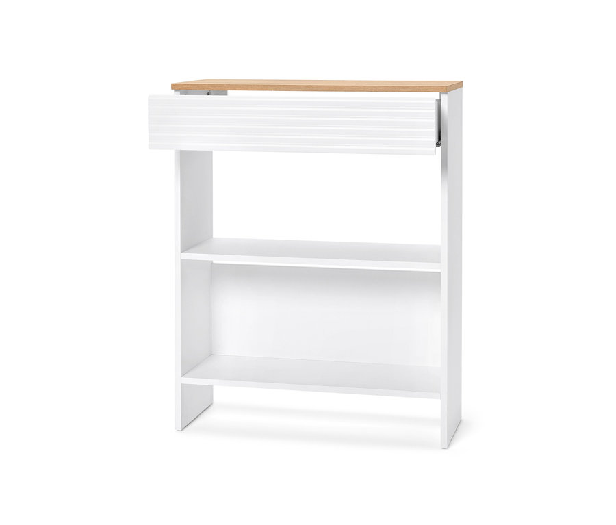 Détail d'une console avec tiroir, meuble blanc avec plateau en bois et étagères ouvertes.