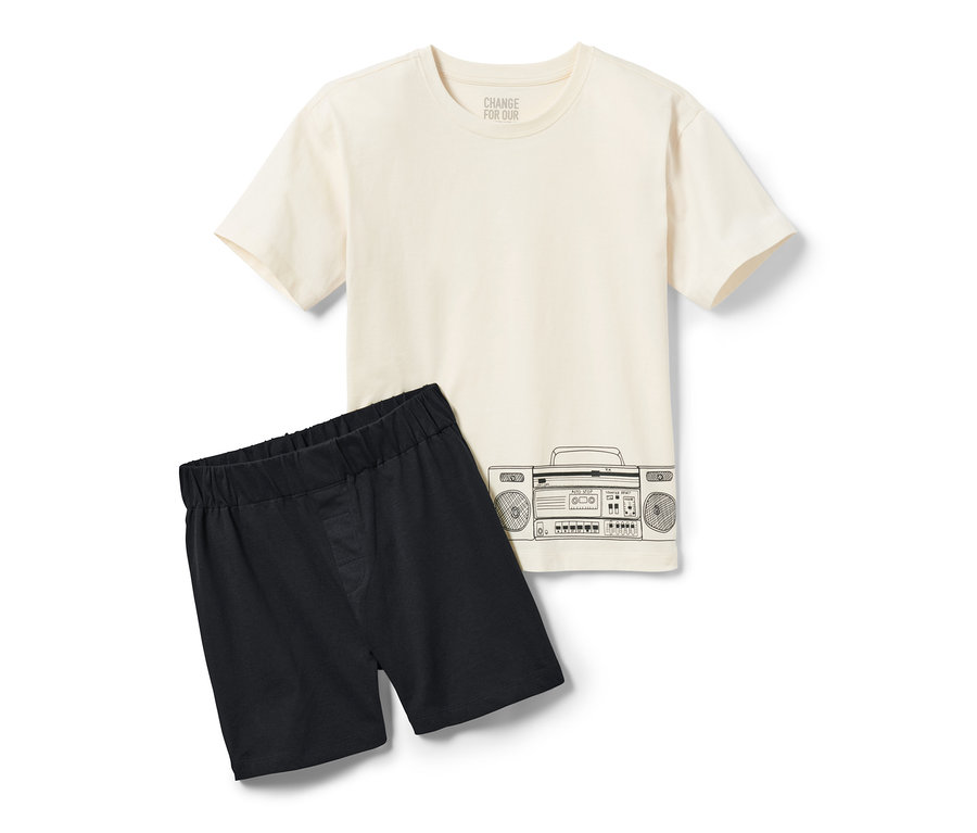 Pyjama enfant crème avec short noir et motif de boombox.