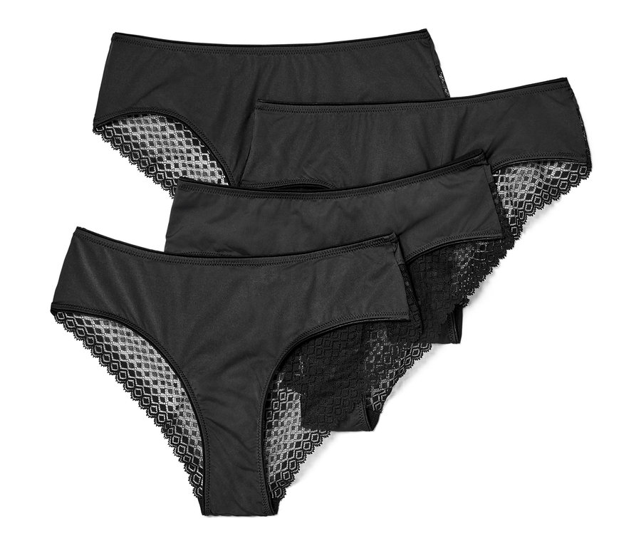 Quatre slips brésiliens noirs avec de la dentelle.