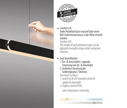 Une main ajuste la hauteur du luminaire suspendu LED noir Paul Neuhaus Adriana Round.
