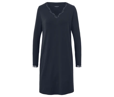 Chemise de nuit bleu foncé à manches longues avec bordure en dentelle à l'encolure et aux poignets.