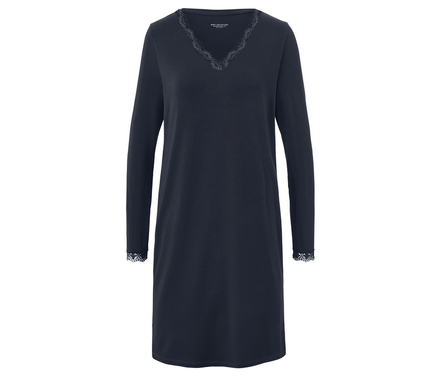 Chemise de nuit bleu foncé à manches longues avec bordure en dentelle à l'encolure et aux poignets.
