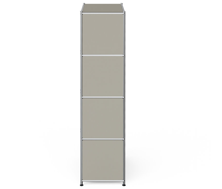 Étagère modulaire grise à quatre niveaux sur fond blanc.