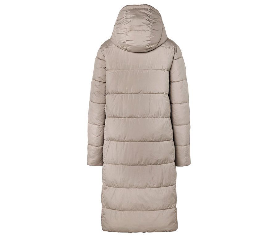 Doudoune beige matelassée avec capuche, vue arrière.