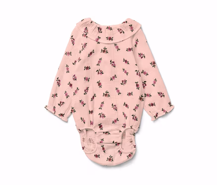Body en mousseline rose à manches longues pour bébé avec motif floral.