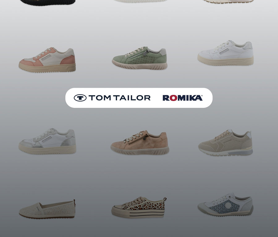 Sur un fond gris, on peut voir neuf paires de chaussures de différents styles et couleurs, dont des Sandales Romika, PU sable.