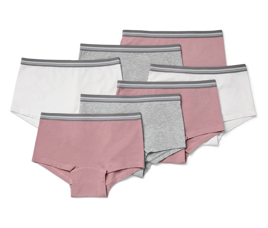 Sept paires de boxers pour femmes en rose, gris et blanc avec une taille grise.