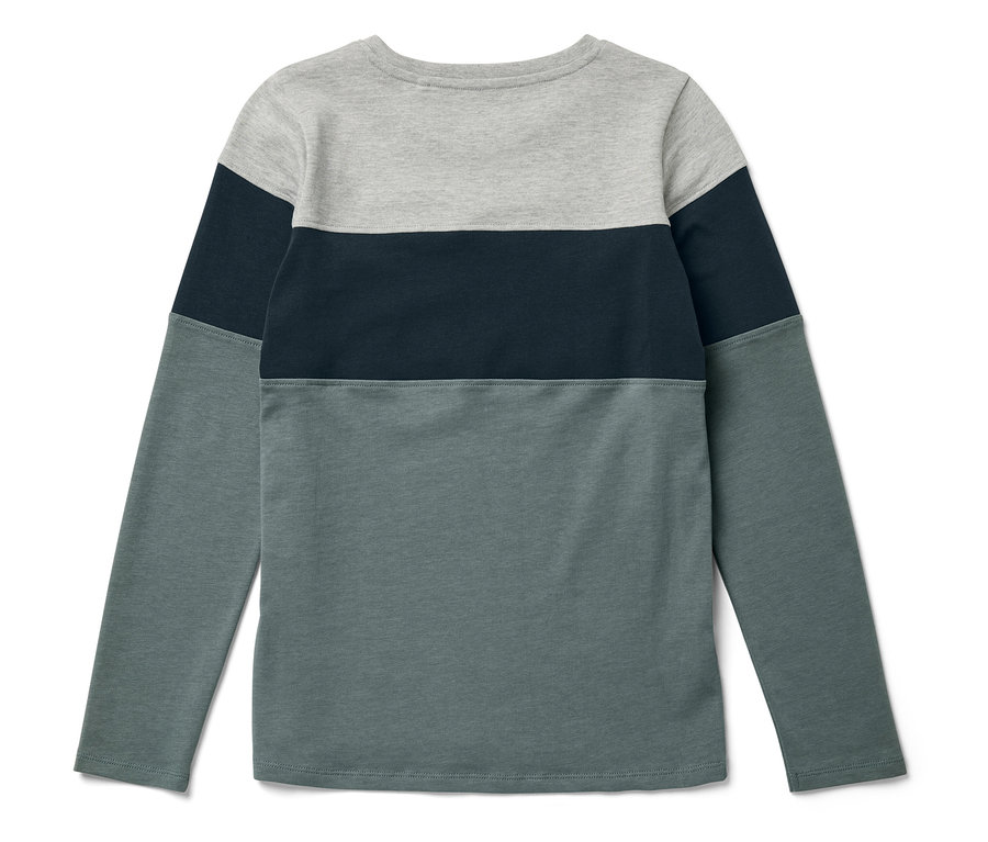 T-shirt à manches longues gris, bleu marine et vert.