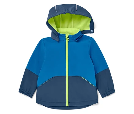 Veste bleue avec capuche et doublure intérieure vert néon.