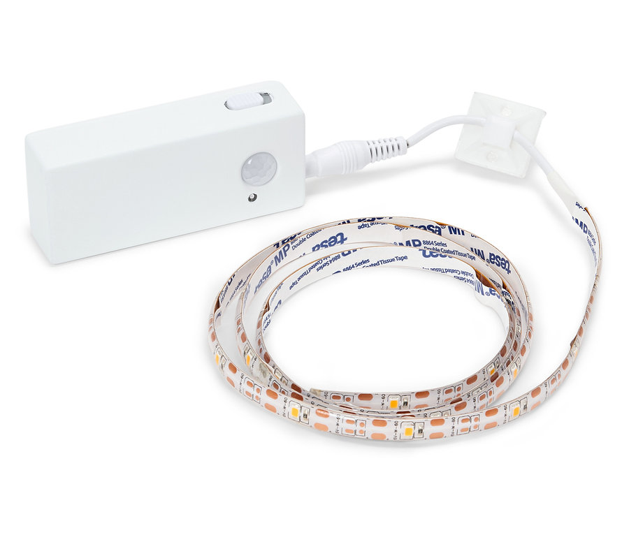 Bande LED blanche avec contrôleur et câble d'alimentation.