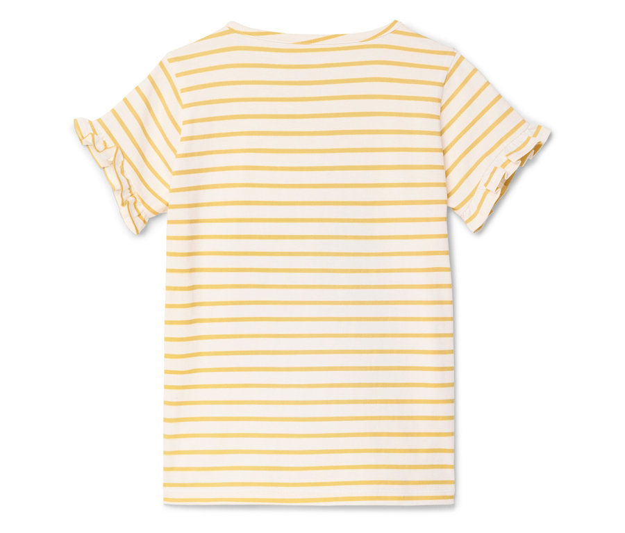 Vue arrière d'un t-shirt à manches courtes, de couleur crème avec des rayures horizontales jaunes et des manches à volants.