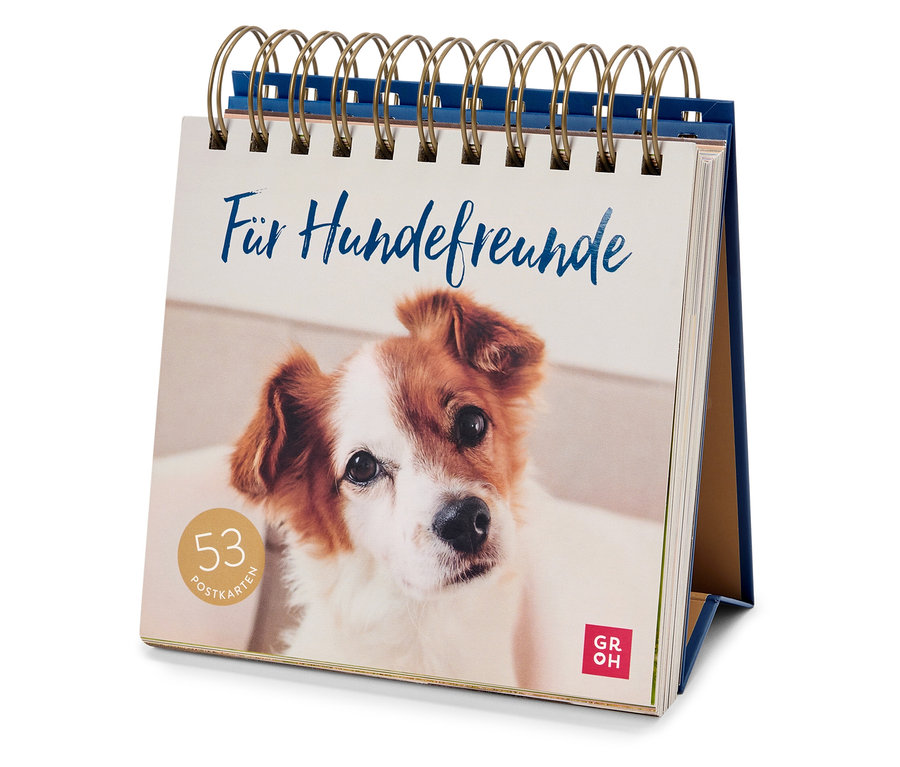 Calendrier de table avec une image d'un chien et le texte "Pour les amis des chiens" avec 53 cartes postales.