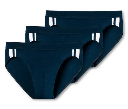 Trois shorts SCHIESSER bleu foncé, 3 pièces, empilés les uns sur les autres.