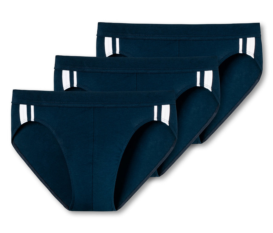 Trois shorts SCHIESSER bleu foncé, 3 pièces, empilés les uns sur les autres.