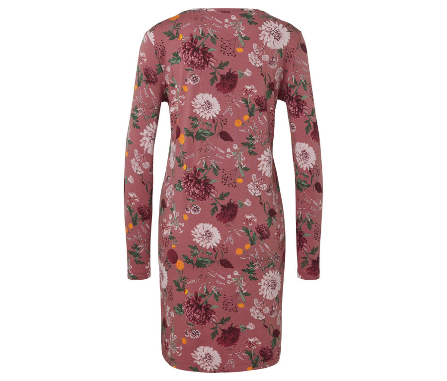 Vue arrière d'une robe rose à manches longues avec un motif floral.
