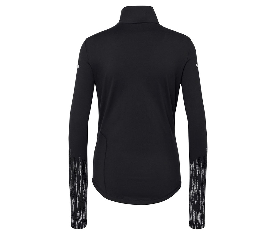 T-shirt de sport noir à manches longues avec des rayures décoratives sur les manches.