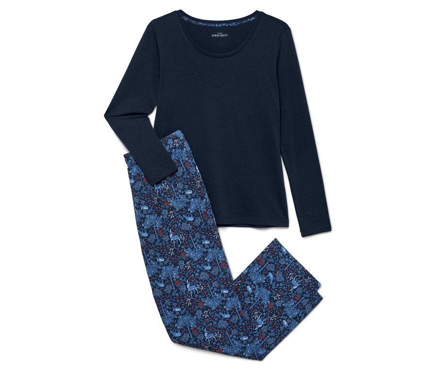 Ensemble de pyjama bleu marine à manches longues avec pantalon à motif d'arbres, de cerfs et de fleurs.