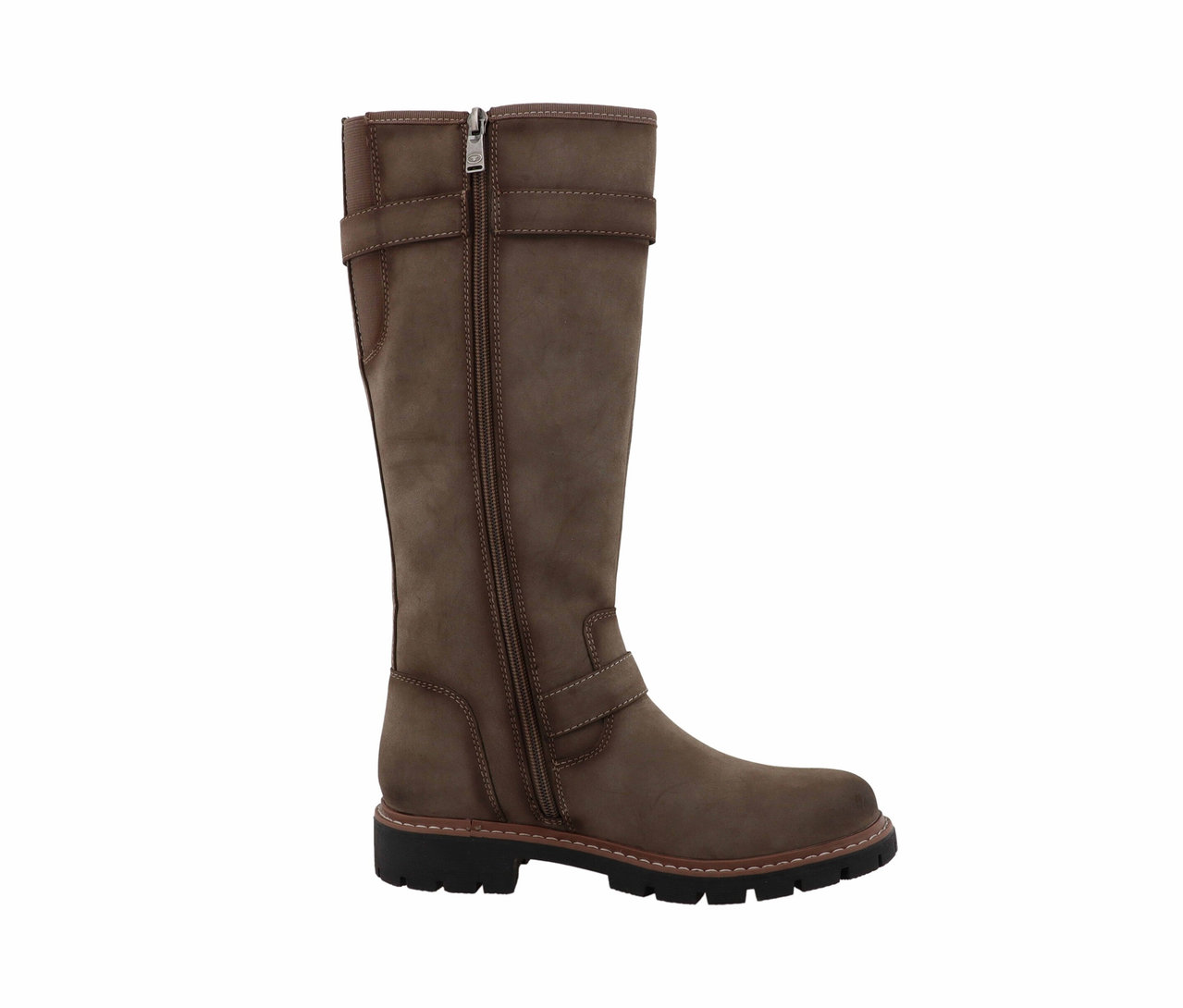 Une botte d'équitation marron en cuir avec une fermeture éclair et des boucles décoratives.