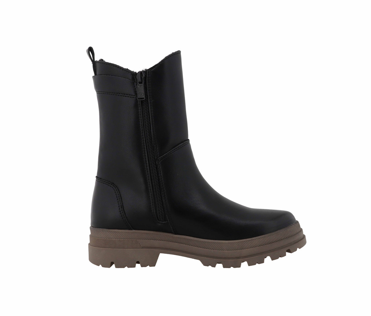 Une botte noire avec fermeture éclair et semelle marron.