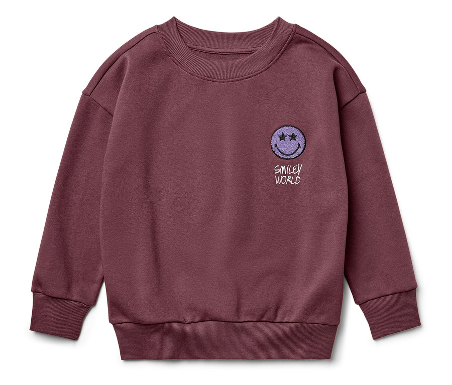 Sweat-shirt bordeaux à manches longues avec un motif de visage souriant.