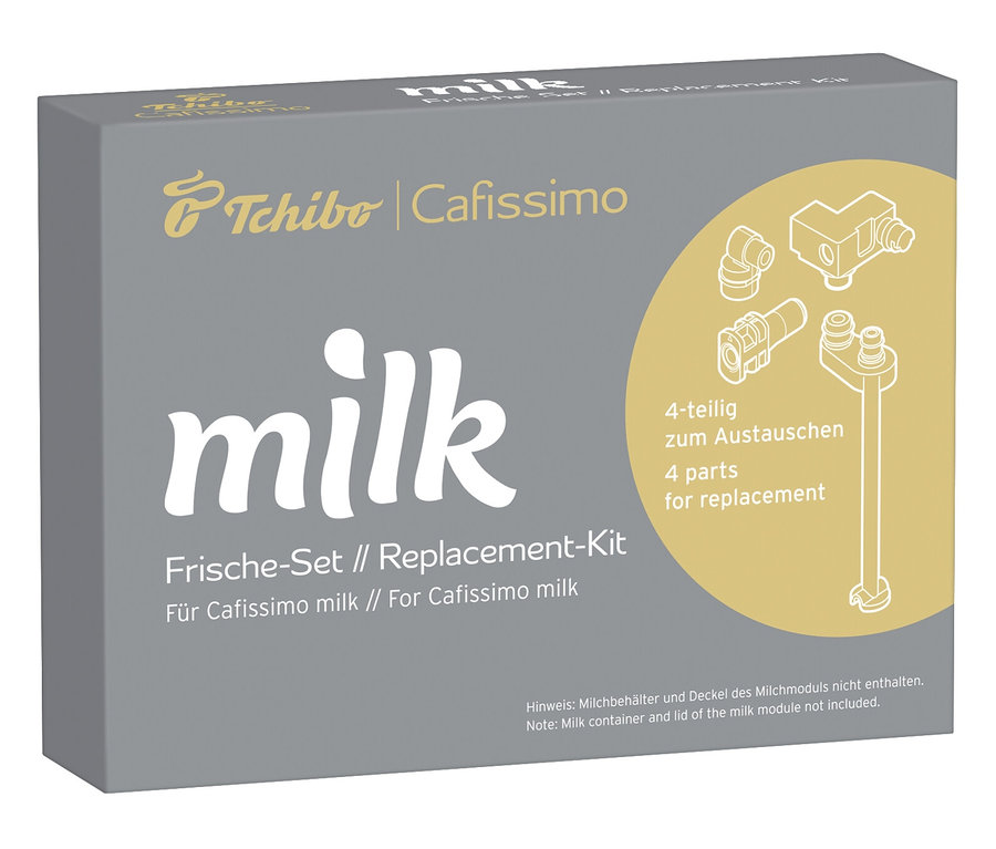 Emballage gris du set fraîcheur Cafissimo milk avec l'inscription milk et une illustration de quatre pièces.