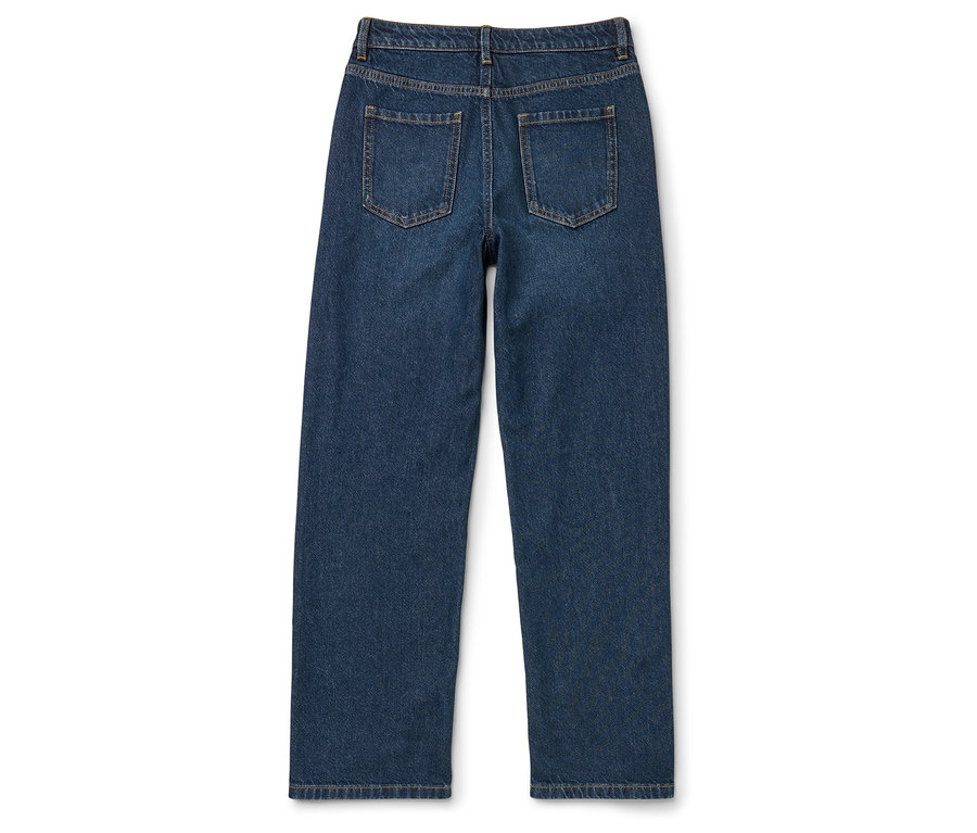 Vue arrière d'un jean taille haute bleu foncé avec une jambe large.