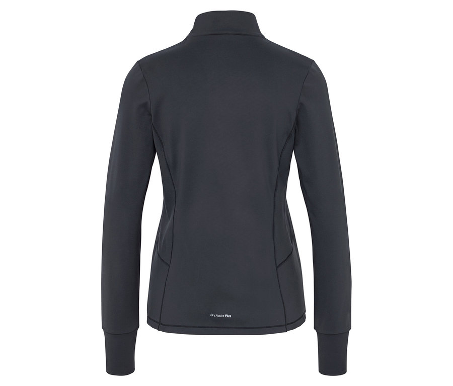 Veste de sport gris foncé à manches longues, fermeture éclair et inscription Dry Active Plus au dos.