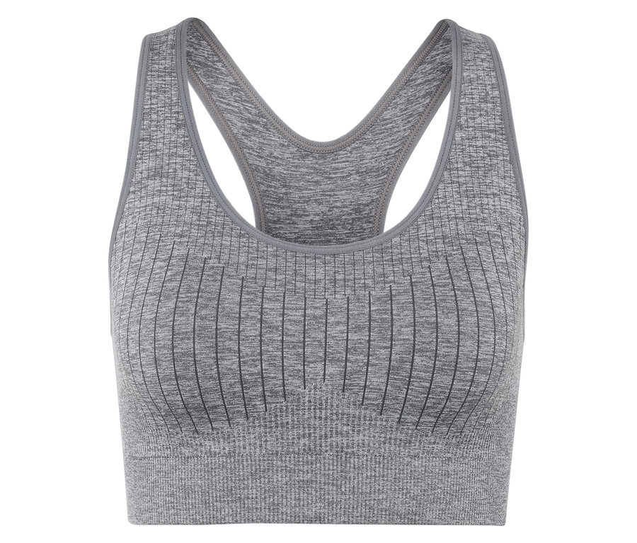 Un soutien-gorge de sport gris sur fond blanc.