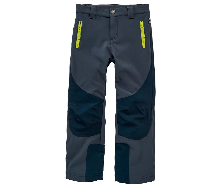Pantalon softshell gris pour enfants avec empiècements genoux bleu foncé et fermetures éclair vert néon sur les poches.