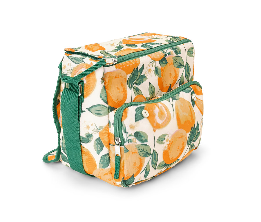 Mini-sac isotherme à motif d'agrumes, garniture verte et bandoulière.