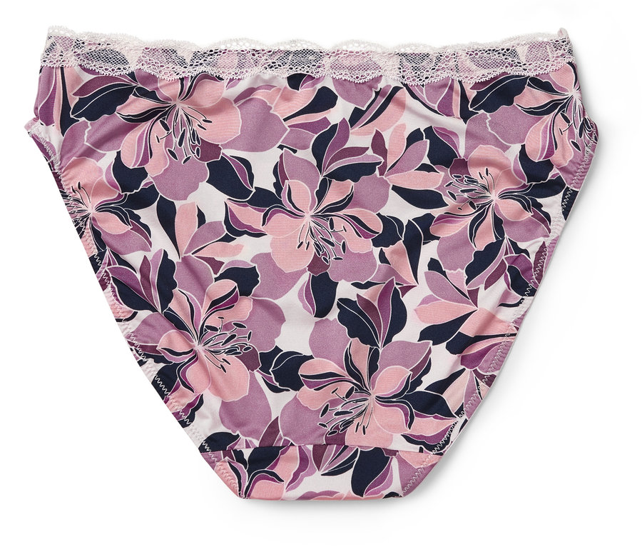 Culotte pour femmes avec motif floral dans les tons rose et violet, avec de la dentelle blanche à la taille.