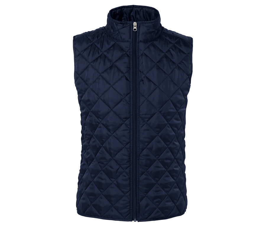 Veste matelassée bleu marine avec fermeture éclair au centre.