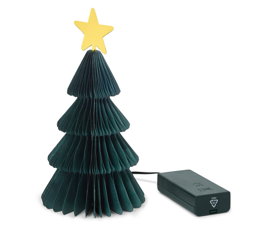 Sapin décoratif en papier avec étoile et boîtier à piles.