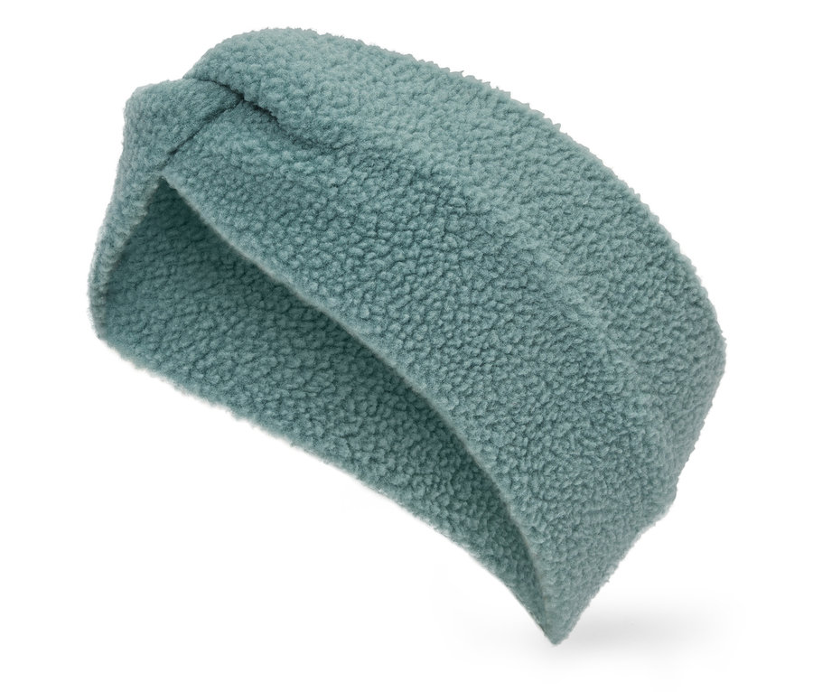 Un bandeau bleu et duveteux avec un nœud sur fond blanc.