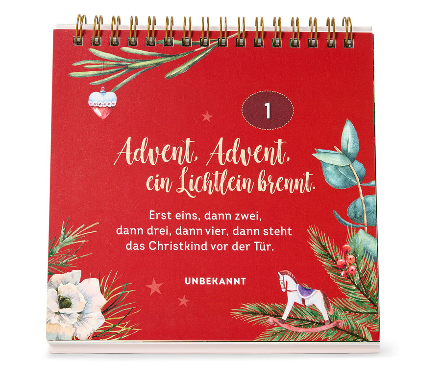 Un calendrier de l'Avent rouge avec l'inscription "Advent, Advent, ein Lichtlein brennt."
