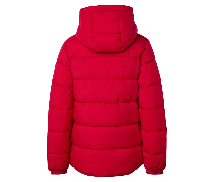 Vue arrière d'une doudoune rouge avec capuche.
