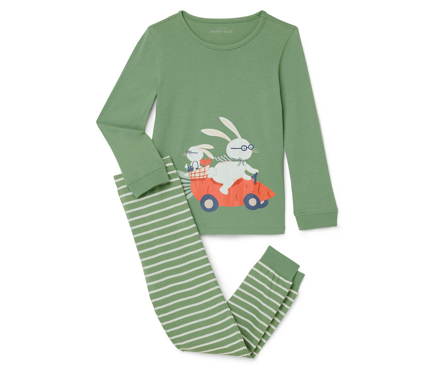 Pyjama vert à manches longues et pantalon rayé avec un motif de lapin dans une voiture.